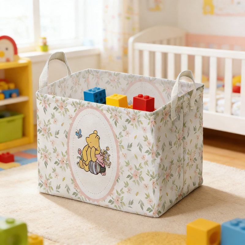 Winnie The Pooh Nursery Storage Basket With Waterproof PE Lining - Foldable Canvas Laundry Hamper For Baby Toys, Bathroom, Bedroom, And Home Organization