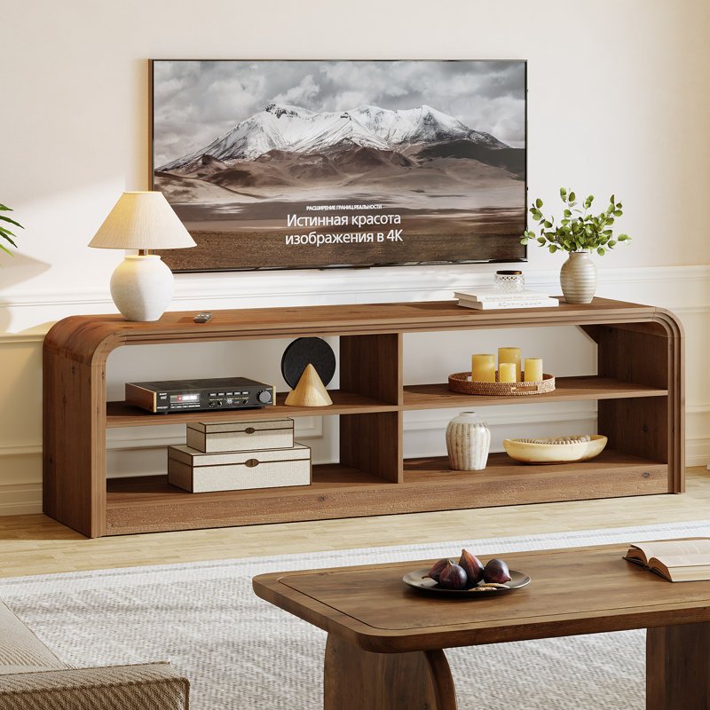 Solid Wood TV Stand, 63-Inch Long TV Console Table with Storage for 55/60/65/75-Inch TVs, Farmhouse Entertainment Center for Living Room, Rustic Brown