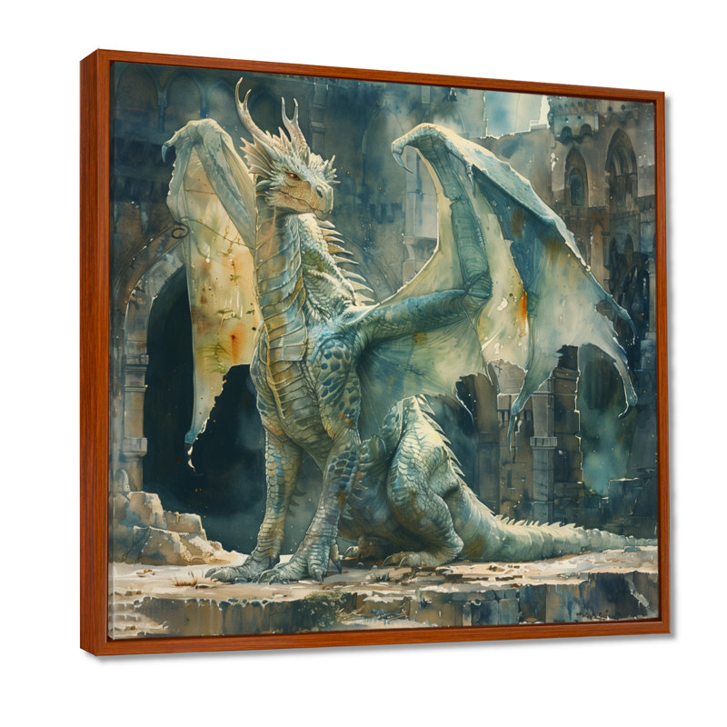«Green Antique Ruins Dragon I - Dragons», art mural, Toile avec cadre flottant brun, H 16 po x l 16 po x P 1 po