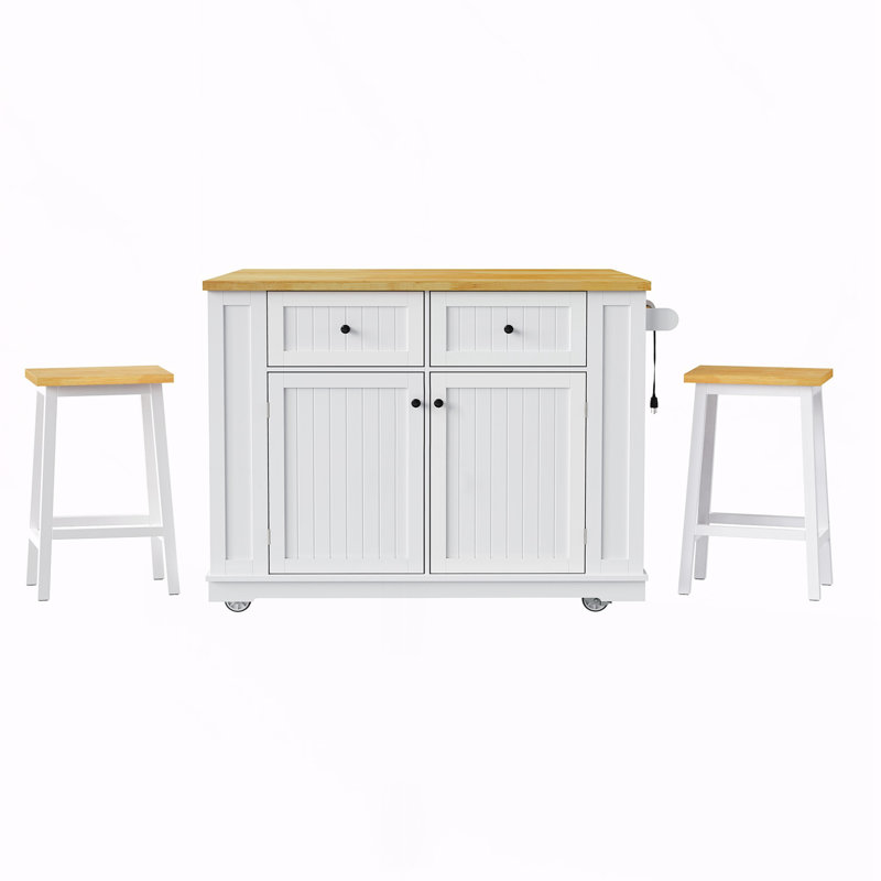 Kitchen Island With 2 Bar Stools, White