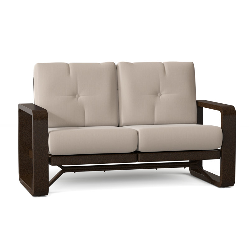 Vale 60.5'' Wide Aluminum Loveseat with Cushions, Linen Antique Beige Sunbrella®, Chestnut Brown