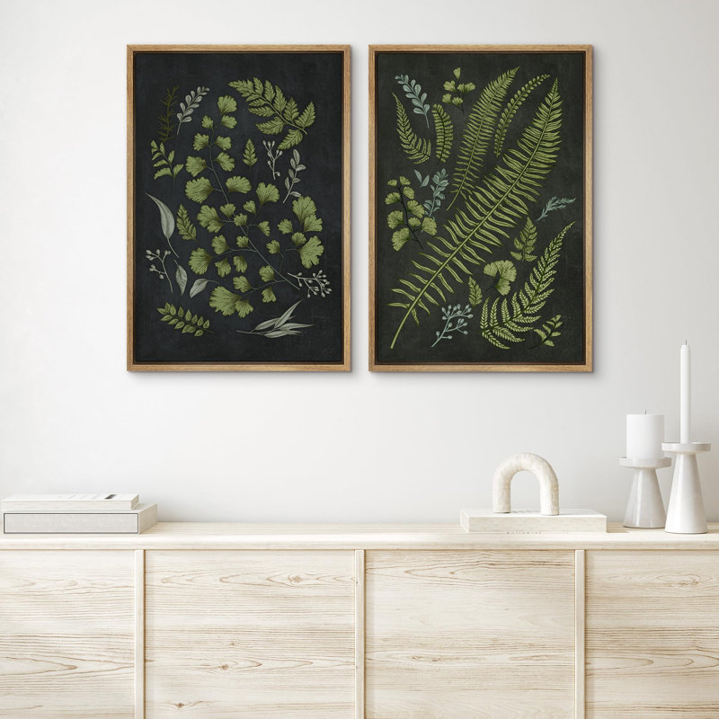 «Midnight Ferns Elegant Green Botanical Modern Art», œuvre d'art murale, 2 pièces, H 24 po x l 16 po, Naturel