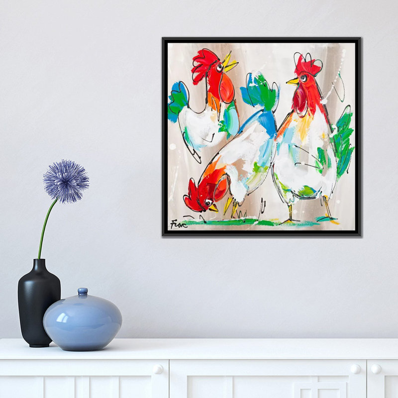 « coqs parle » par art fiore, impression sur toile tendue, H 18 po x l 18 po x P 1,5 po, Toile avec cadre noir, Pas de tapis