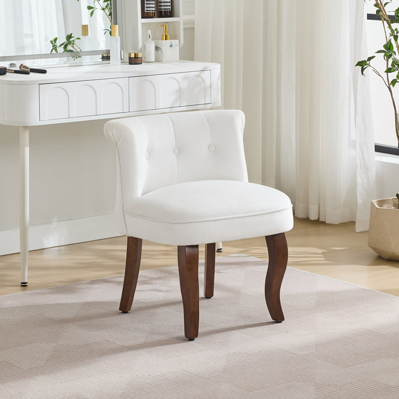 Tufted Upholstered Velvet Vanity Chair with Solid Wood Legs, White