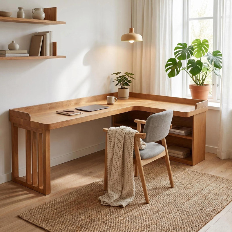 Bureau en coin en L en bois massif avec tablettes de rangement, table d'écriture Modern Farmhouse Home Office