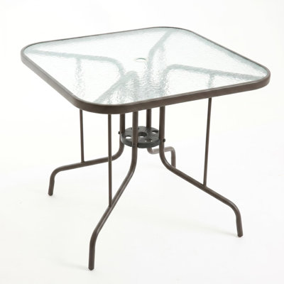 34 Inch Square 4-Person Patio Dining Table, Tempered Glass Top Outdoor Bistro Table with 1.5” Umbrella Hole & Metal Frame
