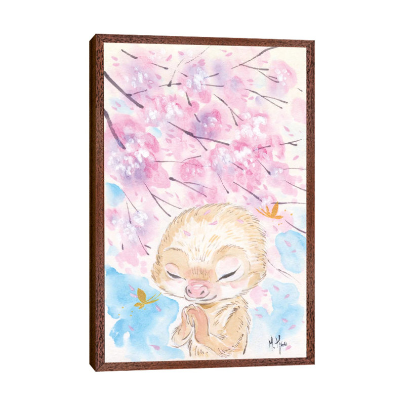 Cherry Blossom Wishes Sloth by Martin Hsu - Print on Canvas, 66.04 cm H x 45.72 cm W, Classic Brown Wood Framed