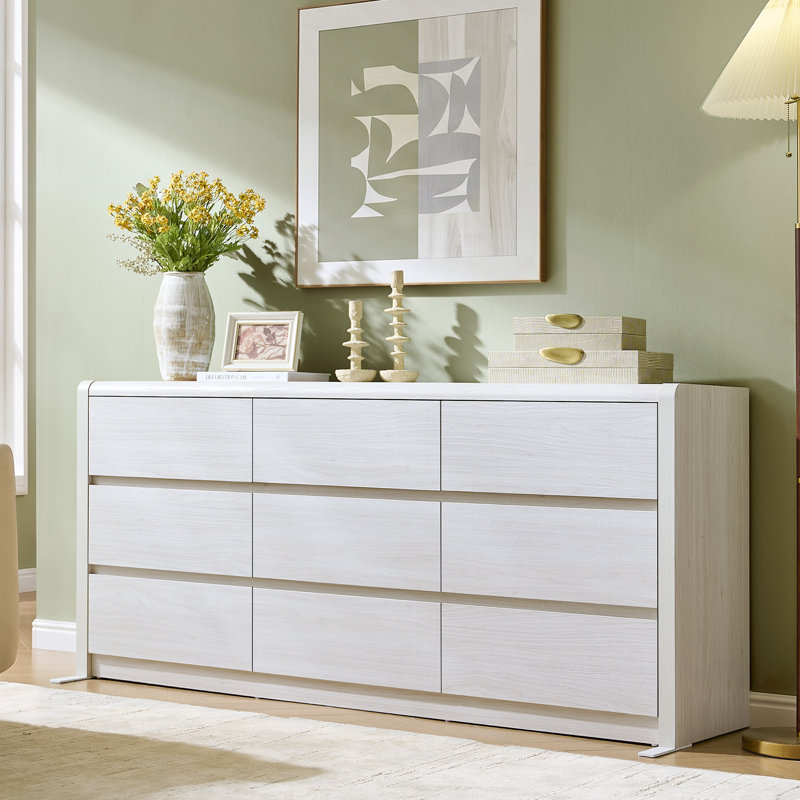 Commode blanche à 9 tiroirs, commode en bois à profil bas pour chambre à coucher, Blanc