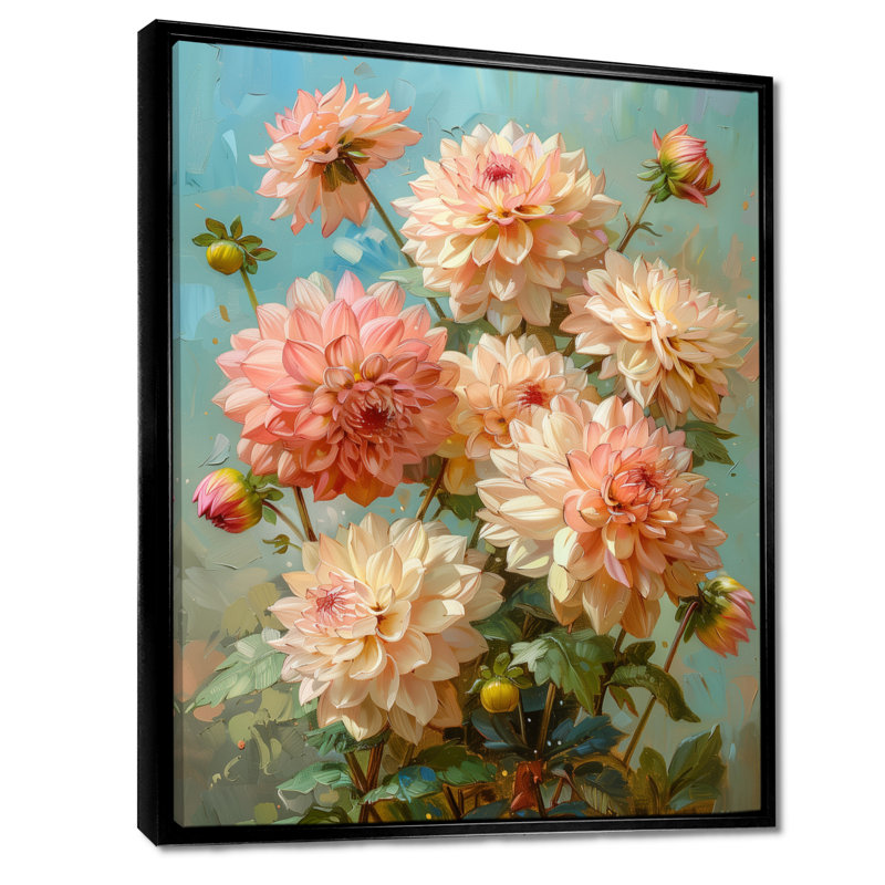 Dahlia rose rose vert été - décoration murale Dahlia, H 24 po x l 32 po, Cadre flottant noir