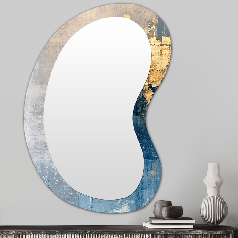 Gaynard Tender Gold sur grunge bleu - peinture abstraite, miroir asymétrique unique, grand miroir mural de forme irrégulière bleue, impression sur métal