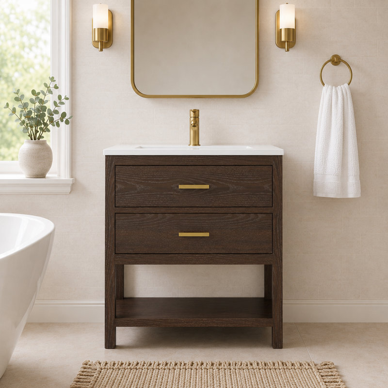 Aastha 31" Walnut Single Sink Bathroom Vanity with Solid Surface Composite Top, 31"