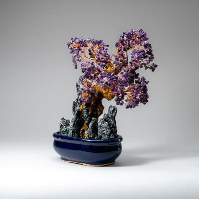 Bonsaï en améthyste véritable en pot ovale en céramique (13 po de hauteur)