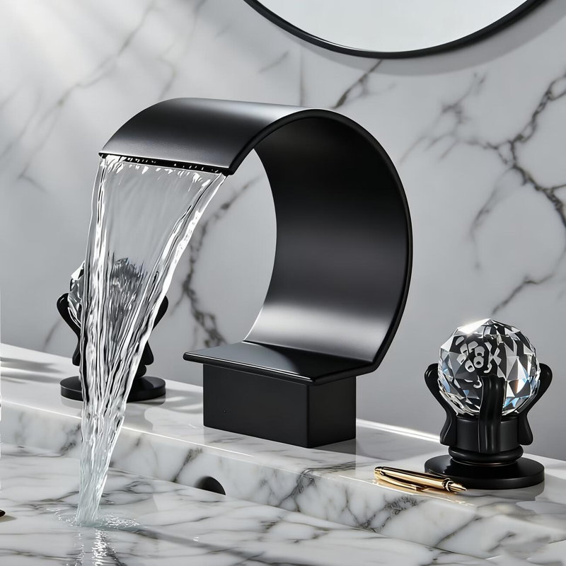 Matte Black Crystal Handles Bathroom Basin Sink Faucet Vanity Widespread Tap Deck Mounted