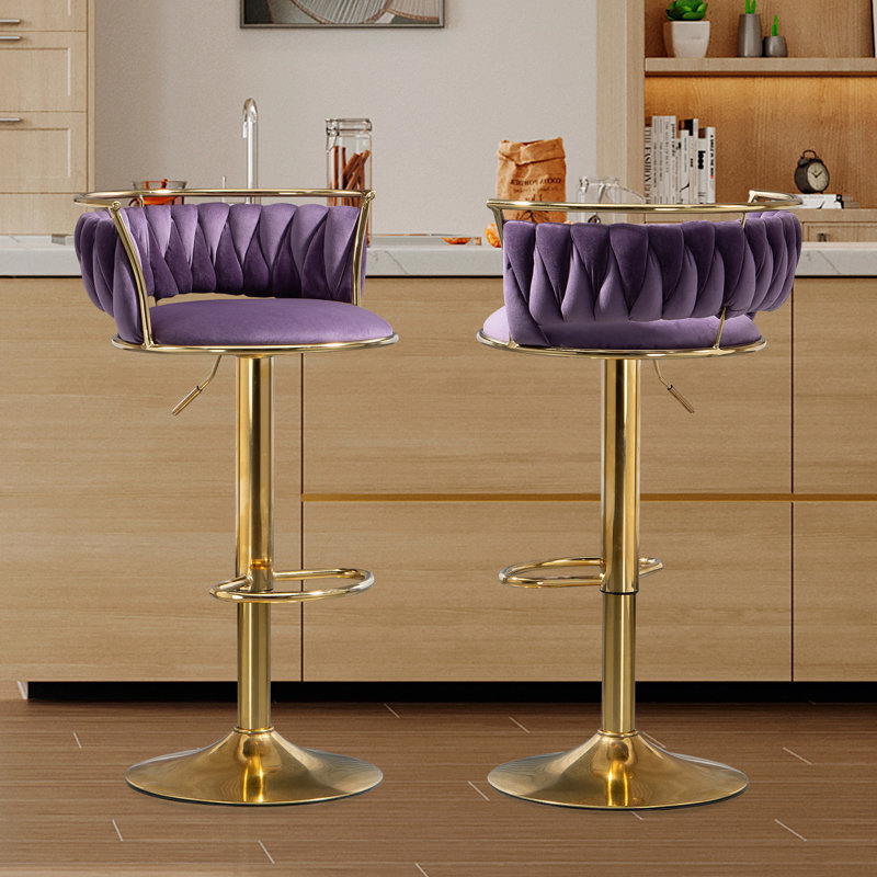 Christal Swivel Upholstered Adjustable Height Counter Stool, Purple, Gold
