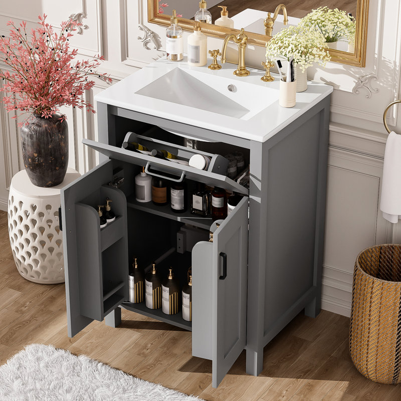 Meuble-lavabo de 24 po avec lavabo en céramique, tiroir rabattable, rangement à double porte, fonction de fermeture en douceur et finition exquise pour les espaces compacts 24 po avec rangement intelligent, cadre en bois massif