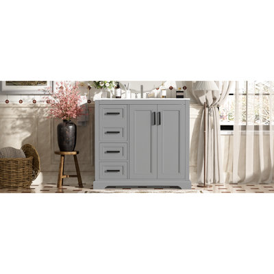 Meuble-lavabo moderne de 36 po avec finition grise, lavabo en céramique, 3 tiroirs, portes à fermeture en douceur, tablette réglable, assemblage facile avec fonction, structure en bois massif, à entretenir