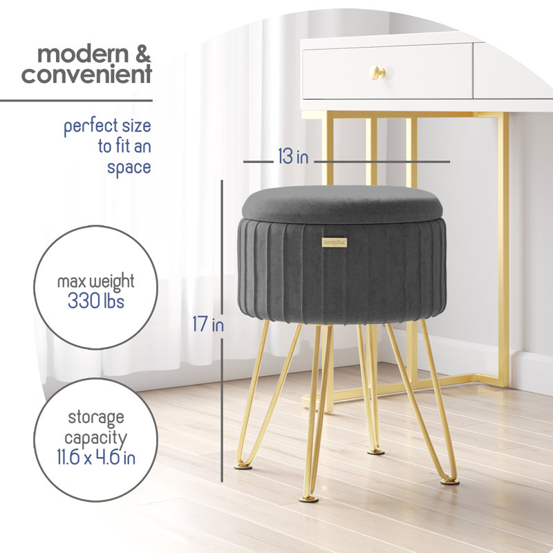 Round Pleated Velvet Ottoman with Storage, Gray, Gold