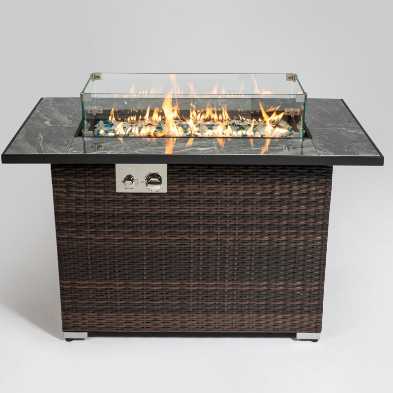 50000btu Propane Fire Pit Table With Ceramic Top, 44inch Outdoor, Rectangular , Lid, Rain Cover, Radiant Glass Rocks, Color Tile Pit, Luminous Dark Brown