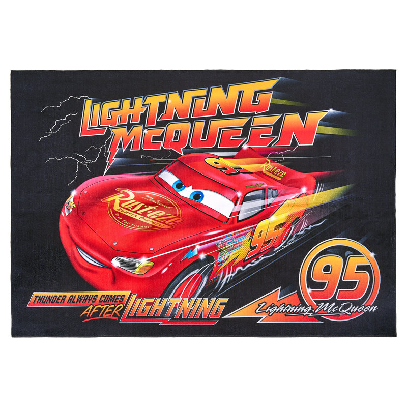 Licensed Disney Pixar Cars Lightening McQueen Modern Character Printed Flannel Non-Slip Washable Indoor Kids Area Rug, 54"x78"