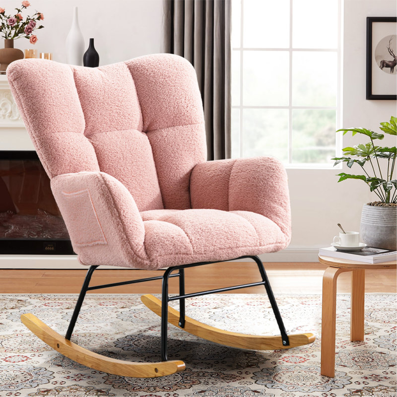 Chaise berçante en tissu Teddy pour la détente et les loisirs, Rose
