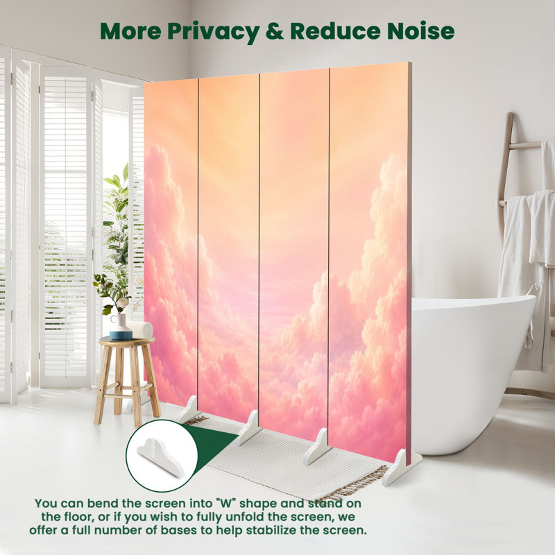 Cloison pliante 4 panneaux de séparation cloison rose pastel doux, 71" H x 64" W x 1" D, 4