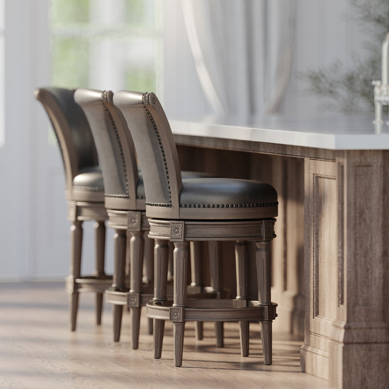 Reclaimed Oak Swivel Counter Stool with Gray Vegan Leather Upholstery