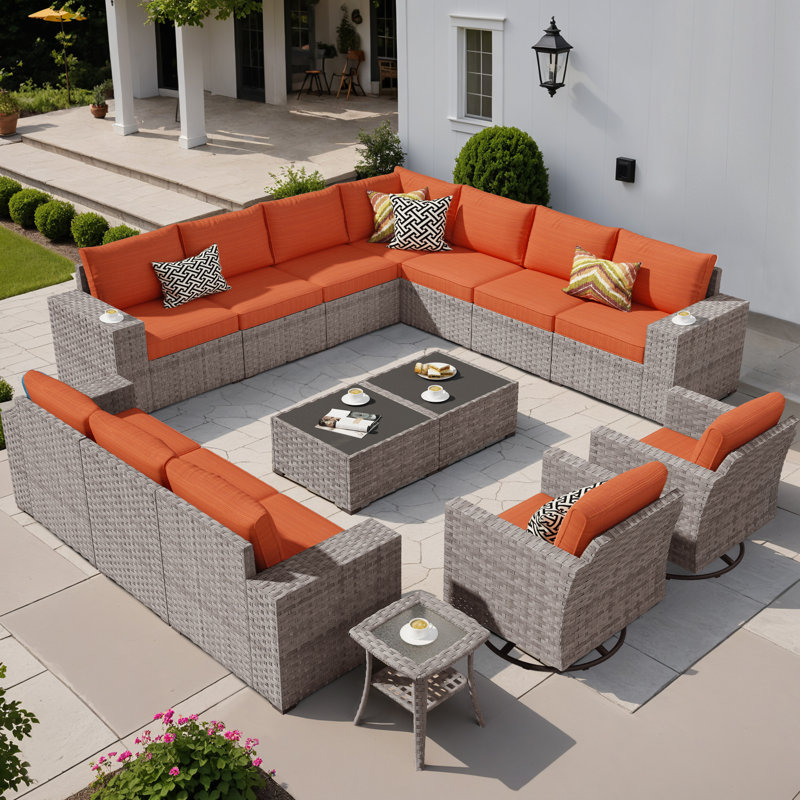 12 - Person Patio Furniture Set with Swivel Rocking Chairs, Outdoor Wicker Rattan Sectional Seating Group with Cushions, All Weather Sofa Conversation Set with Table for Garden Backyard