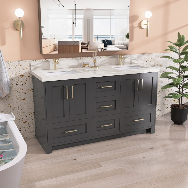 Armoire de salle de bain autoportante en bois massif 60 po x 36 po avec tiroir en queue d'aronde et porte à fermeture en douceur (assemblé)
