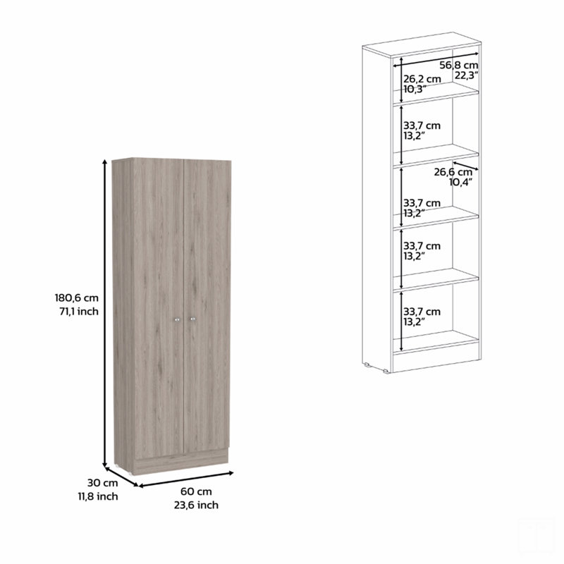 Cabinet 71" H, Two Doors, Five Internal Shelves, Gray