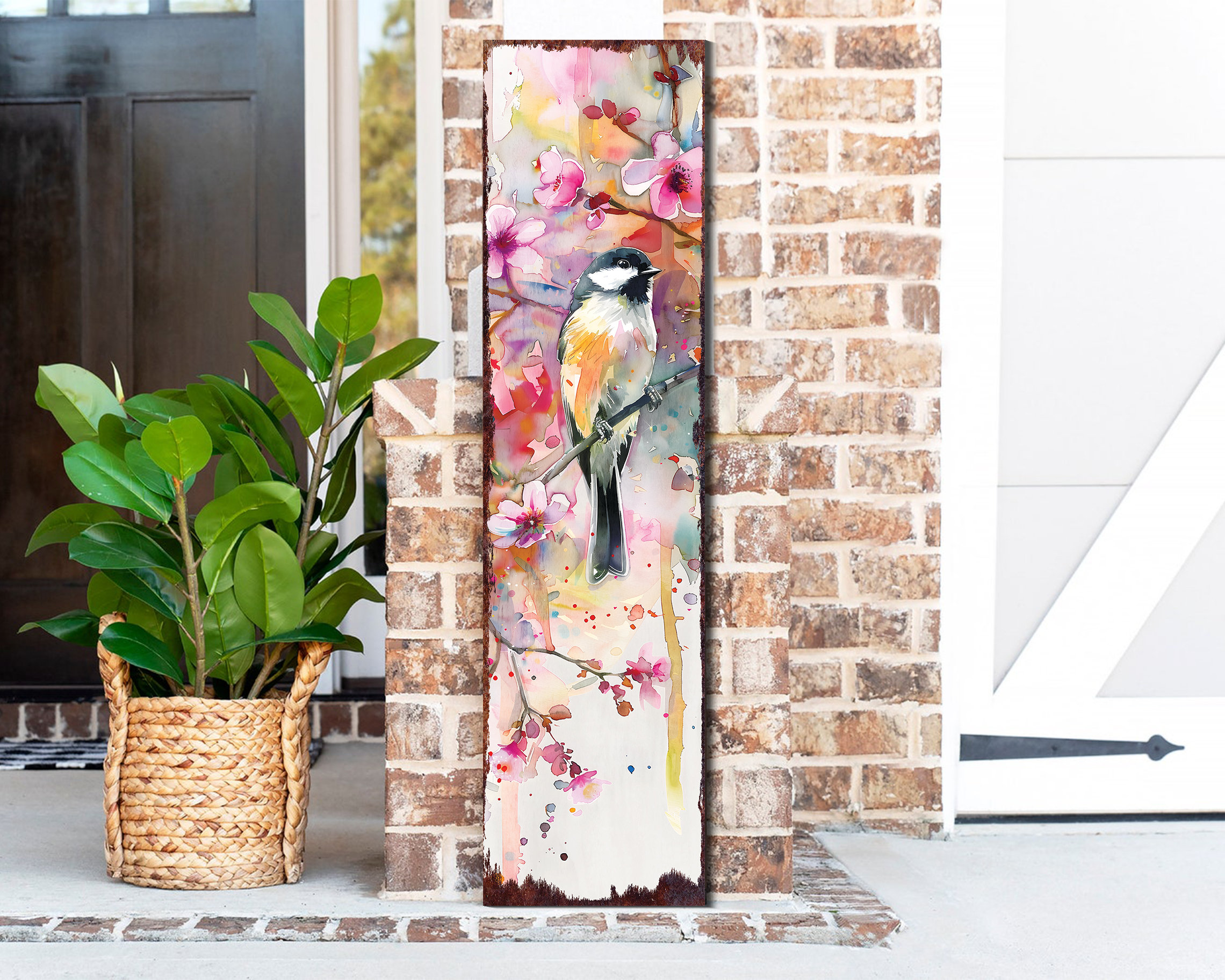 Winston Porter 36in Spring Watercolor Chickadee Porch Sign - Front Door