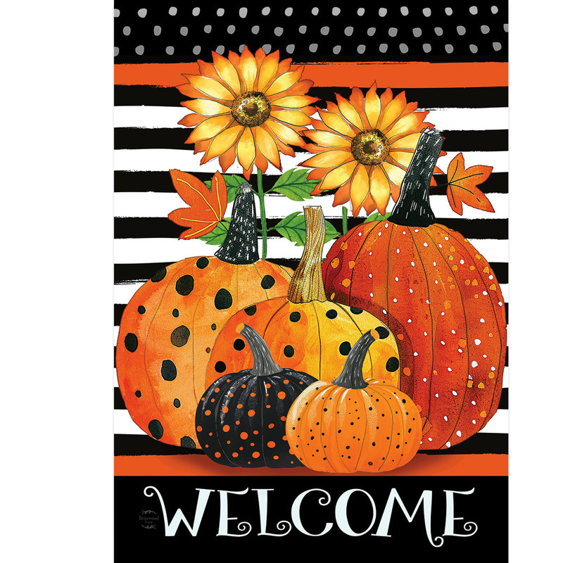 Drapeau de jardin citrouilles et rayures, Automne orange/blanc/noir
