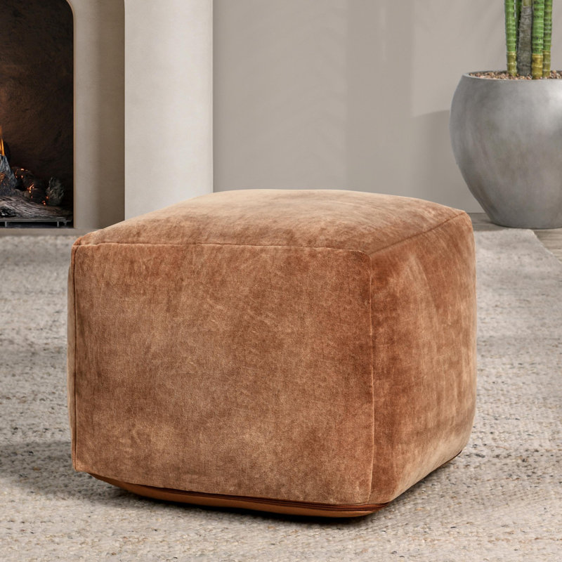 Heirloom Velvet Upholstered Floor Cushion Pouf, Orange