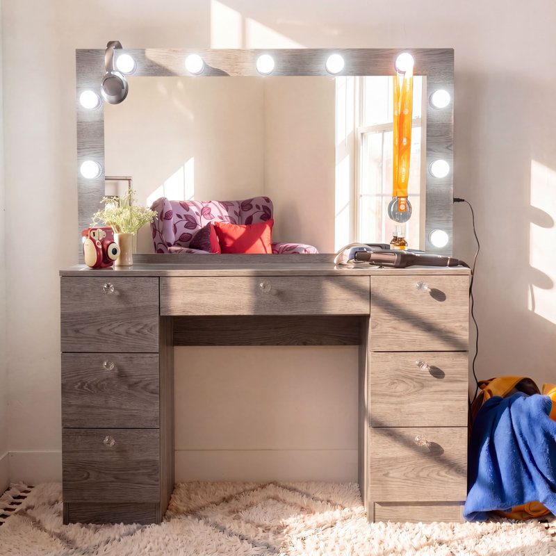 Boahaus Eve Makeup Vanity in Greige with LED Lights, Glass Top, 7 Drawers and USB (Type A & C), Gray