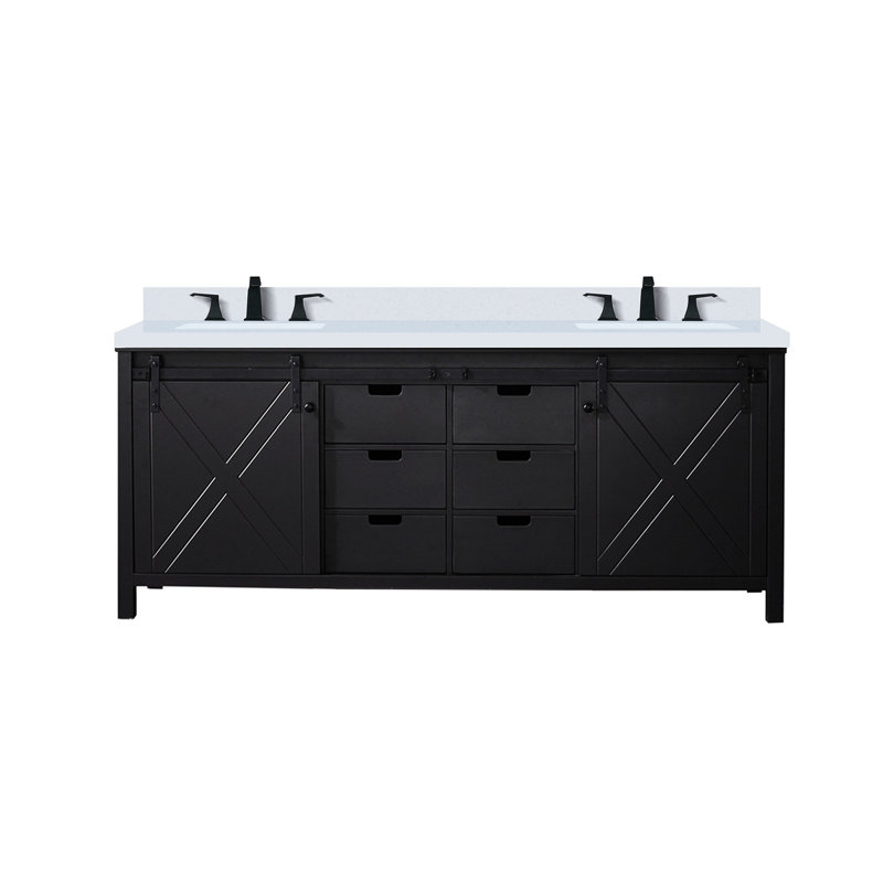 Meuble-lavabo double l 80 po x P 22 po avec comptoir en quartz blanc et robinet - Mécanisme de fermeture en douceur à finition grattée 22 D et tablettes résistantes durables