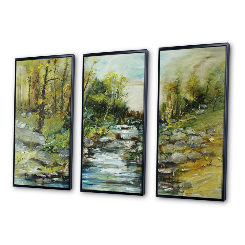«Rocky Terrain With Creek», peinture sur toile 3 pièces, H 28 po x l 36 po x P 1 po, Noir