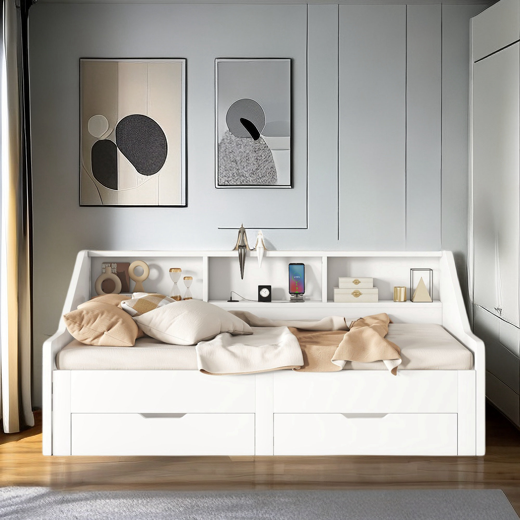 Hokku Designs Emasealu Twin to King Size Daybed with Storage Bookcases