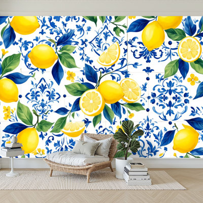 Peel and Stick Wallpaper 96" W x 69" H Modern Self Adhesive Wall Mural for Bedroom Lemon Floral Blue Tile Bright Yellow Lemons Green Leaves