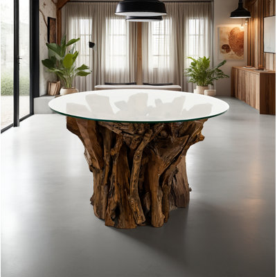 Aggelos Round Glass Top Solid Wood Base Dining Table