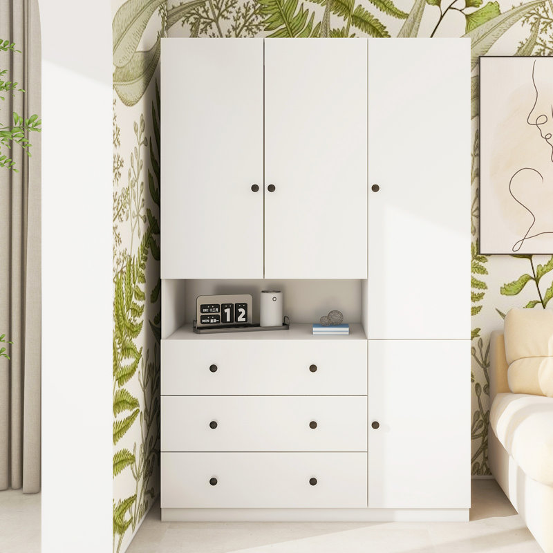 Armoire-penderie à 3 portes en bois avec tiroirs, blanc