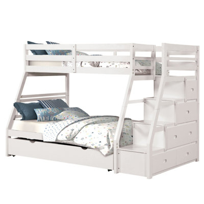 White Finish Transitional Style Twin Over Full Bunk Bed With Rails And Lock Joint Structure Built In Drawers And Accessible Steps Slat Kit Included