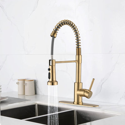 Pull Down Spray Kitchen Sink Faucet In Brushed Gold - To Rust And Spots, 4.72" Spout Height, 1.8Gpm Tap With Scratch , Stainless, 360 Swivel, Flow