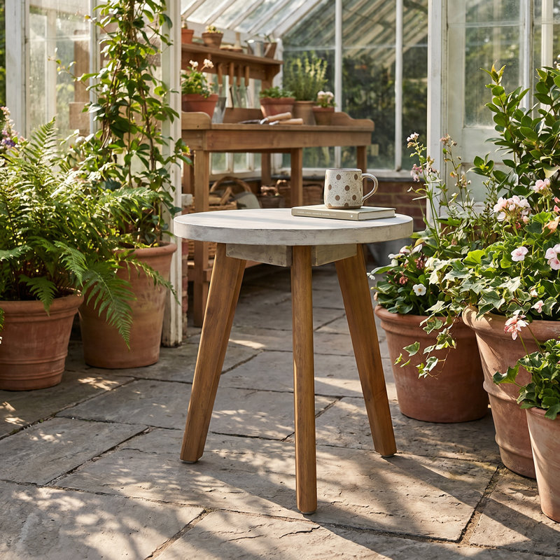 Table d'appoint de terrasse extérieure en bois d'acacia de 15,75 po de largeur, Plateau gris / base brun clair