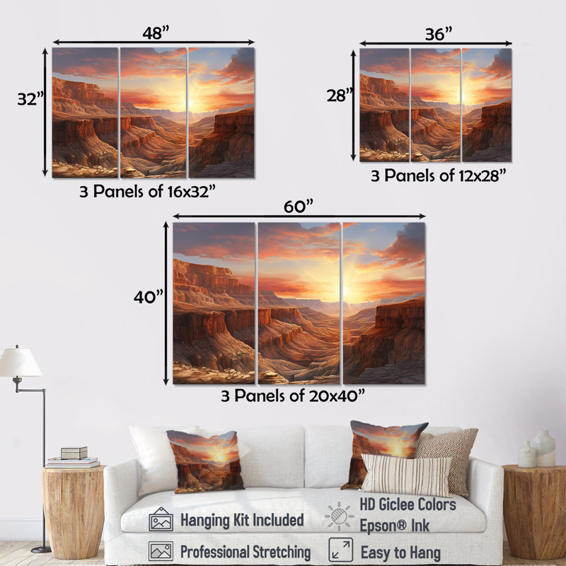 «Canyon Desert Sunset», ensemble d'art mural Canyon, H 28 po x l 36 po x P 1 po, Toile tendue