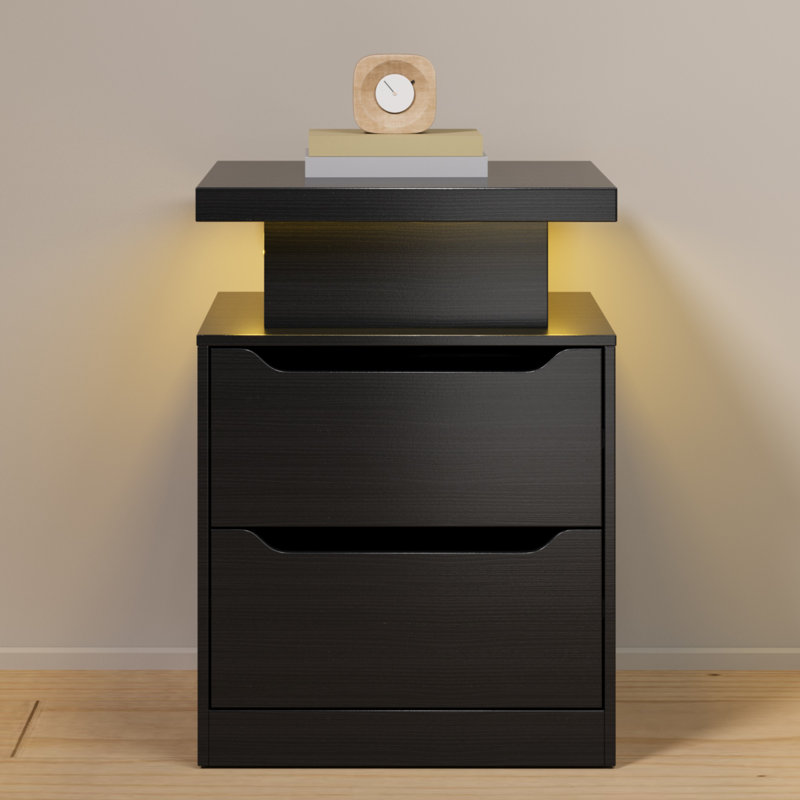 17.1''W 2-Drawer Nightstands with RGB LED Lights and Built-in Charging Station, Black