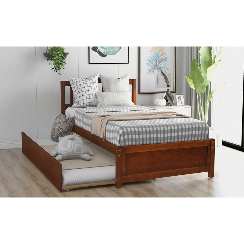 Structure de lit simple en bois avec lit gigogne et lit gigogne, Noyer