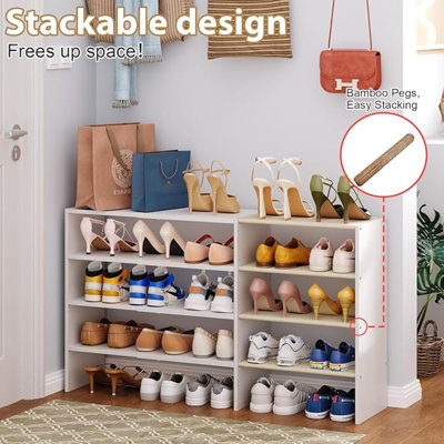 Long White 11.02″Shoe Rack for Closets, Stackable and Expandable Shoe Organizer, Suitable for Entryways, Garages, Storage Shelves Made of MDF, Oxford Cloth and Iron