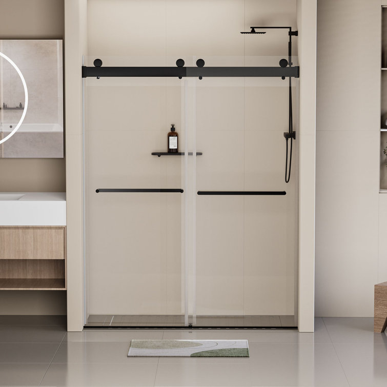 56"-60" W x 76" H Double Sliding Shower Door Frameless Soft-Closing with 5/16" (8mm) Tempered Glass Explosion-Proof Bypass Bathroom Sliding Door with 2 Towel Bars for Walk-in Shower, Matte Black