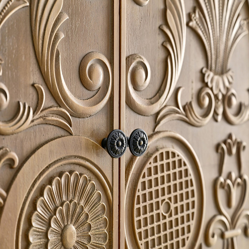 Buffet d'appoint de 80 cm (31,5 pouces) avec porte cintrée ornée de fleurs sculptées, 1 tiroir et une étagère, meuble en bois pour cuisine, salle à manger, salon