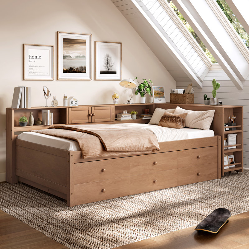 Twin Size Wood Daybed with Trundle, Storage Drawers, Side Shelves and Built-In Desk, Vintage Brown, Twin, Brown