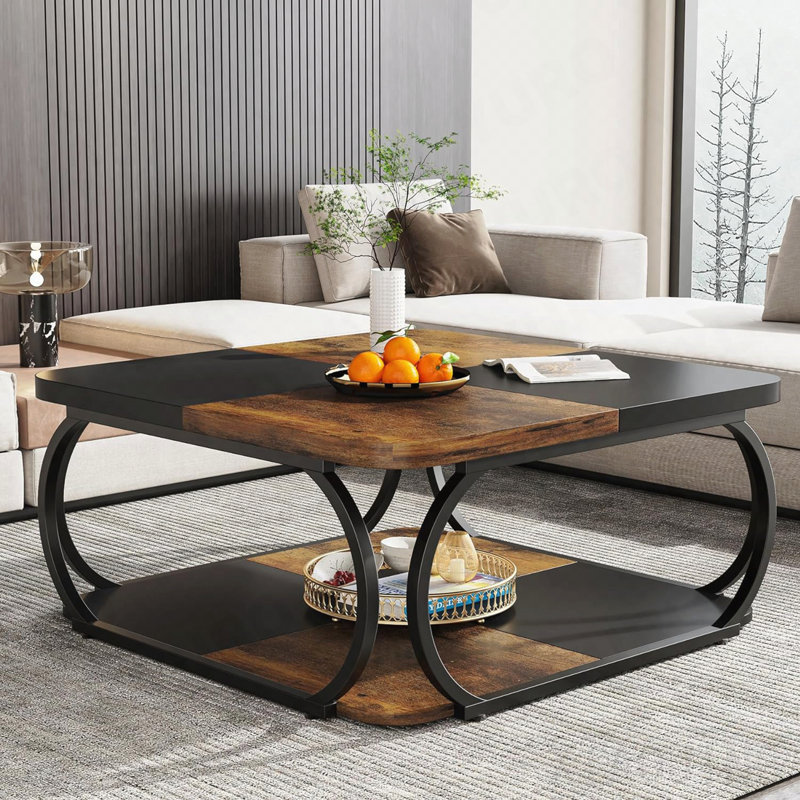 Table basse rustique carrée à 2 niveaux de style rustique brun et noir 39 po